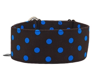 Pull stop collar, greyhound collar, dog collar, large turquoise dots on a dark brown background, different sizes