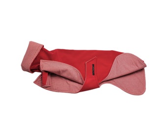 Whippet Mantel Softshell rot,  gefüttert mit Baumwoll-Jersey rot-weiß oder rot-pink-gestreift, 5 Größen