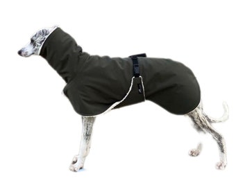Whippet coat with belly bib, softshell khaki, lined with cotton teddy plush, very warm, 5 sizes