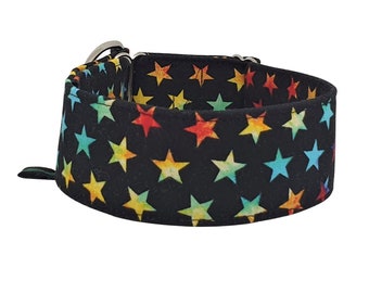 Zugstopp Halsband, Windhundhalsband in schwarz mit bunten Sternen, 3 Breiten lieferbar