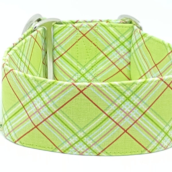 Pull stop collar, sighthound collar light green checkered, different widths