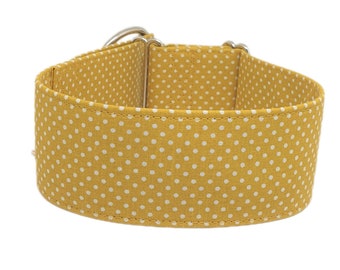 Pull stop collar, greyhound collar, white dots on ochre yellow yellow, 3 widths available