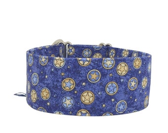 Zugstopp Halsband, Windhundhalsband blau mit goldenen und blauen Sternen , 3 verschiedene Breiten