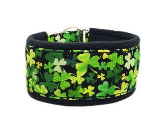 Pull-stop cuddle collar Shamrock collar, green and black, softly padded and light as a feather, 3 widths, made to measure