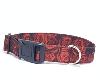 Dog collar red roses with 3D effect, roses red black, 3 or 4 cm wide, aluminum or optionally acetal clasp