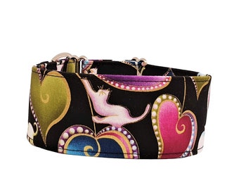 Pull stop collar Sighthound collar Hearts & Cats, 5 cm wide