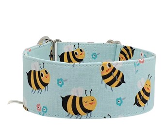 Train stop collar, greyhound collar in mint with bees/bumblebees, 3 different widths