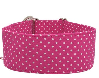 Stop Collar White Dots on Pink, greyhound collar pink with white dots, 3 different widths