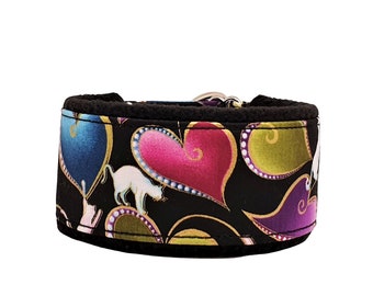 Pull-stop cuddle collar Sighthound collar Hearts & Cats, fleece padding in black, light as a feather, 5 cm wide, made to measure