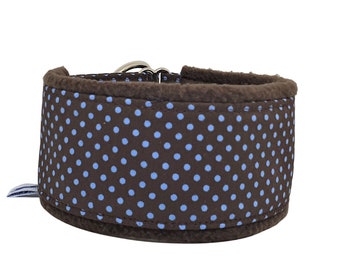 Train stop cuddly collar Greyhound collar "Blue Dots on Darkbrown", softly padded and light as a feather, 3 widths, custom made