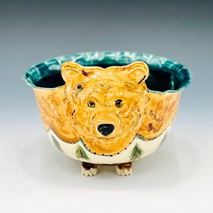 Bear Bowl, Hand Painted in White Clay Ceramic or Pottery