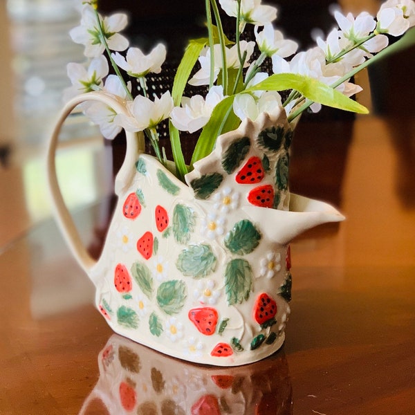 Rooster Inspired White and Red Strawberry Ceramic Pitcher or Pottery Vase