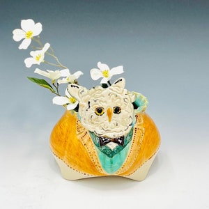 Owl Bowl for Succulents or Plants Hand Painted in White Clay