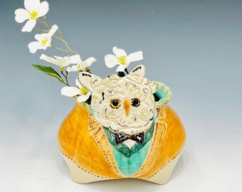 Owl Bowl for Succulents or Plants Hand Painted in White Clay