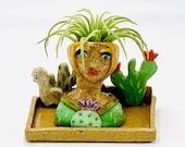 Cactus Girl Ceramic or Pottery Planter Head or Face Pot for Succulents or Plants in Speckle Clay