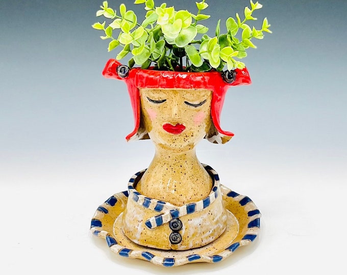 Unique Ceramic Face Mini Planter, Lady Head Plant Pot With Decorative