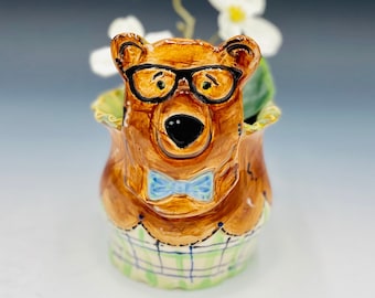 Hand Painted Ceramic Bear Vase: Whimsical Succulent Planter