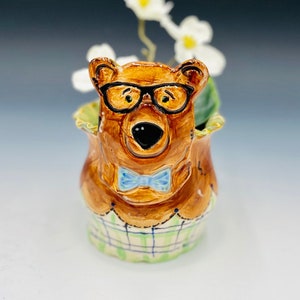 Bear in Glasses Vase for Succulents, Brushes or Pencils, Hand Painted Ceramic or Pottery in White Clay