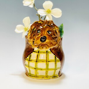 Doodle Dog Vase, Succulent or Pencil Holder, Hand Painted in White Clay