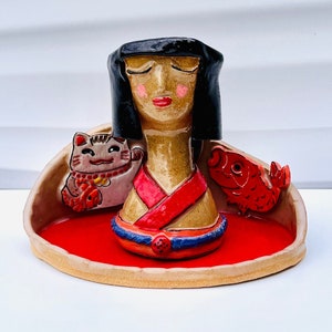 Japanese Lady Ceramic or Pottery Planter Head or Face Pot for Succulents or Plants in Buff Clay