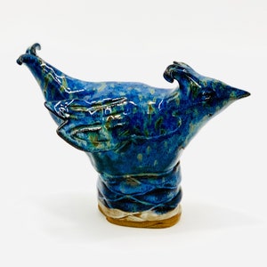 Mottled Green and Blue Hand Sculpted Bird in Brown Clay for Display