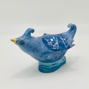 Hand Painted and Sculpted Blue Porpoise Bird in White Clay