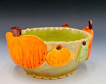 Pumpkin Bowl, Hand Painted Ceramic or Pottery in White Clay