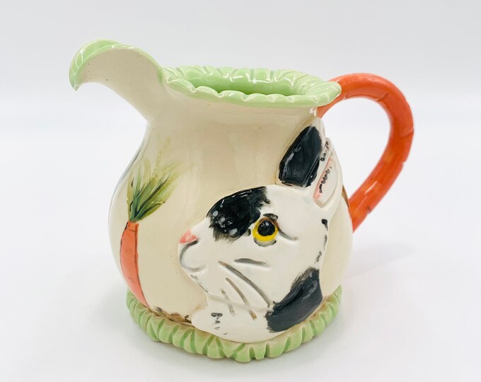 Rabbit or Bunny Pitcher, Hand Painted Ceramic or Pottery in White Clay ...