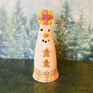 Christmas or Holiday Snowman with Package on hi Head and Gingerbread Buttons, Hand Painted Ceramic or Pottery in White Speckled Clay