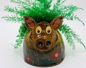 Pig Vase or Utensil Holder in Brown Clay Ceramic or Pottery Vase or Pencil Holder