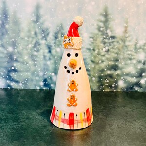 Christmas or Holiday Snowman with Gingerbread Buttons, Hand Painted Ceramic or Pottery in White Clay