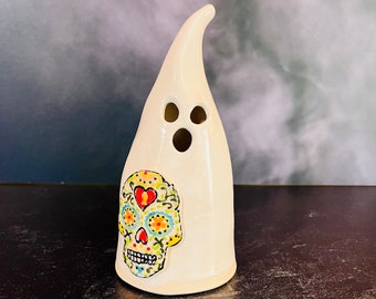 Halloween Ghost with Day of the Dead Skull on the base in White Glossy Glaze