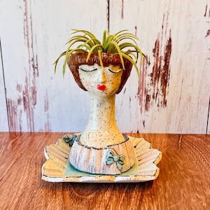 Bow Lady Ceramic or Pottery Planter Head or Face Pot for Succulents or Plants in White Speckled Clay