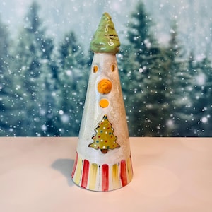 Hand Painted Ceramic Snowman Luminary with Tree Hat: Holiday Decoration