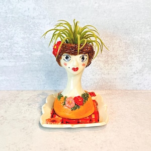 Flower Lady Planter in Red and Orange made of Ceramic or Pottery Planter Head or Face Pot for Succulents or Plants in White Clay