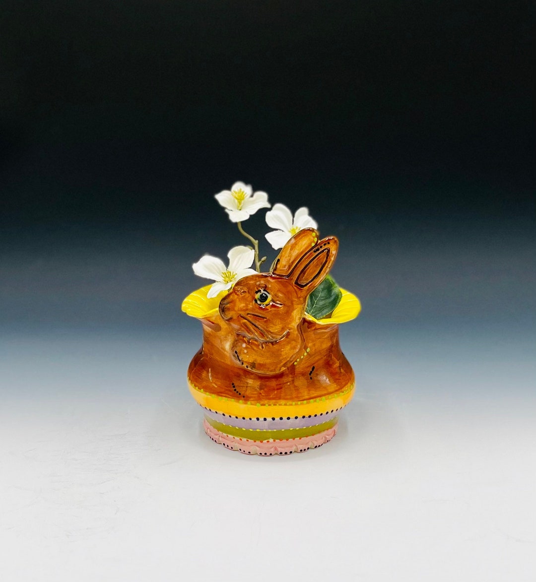Rabbit Vase for Succulents, Hand Painted Ceramic or Pottery in White ...