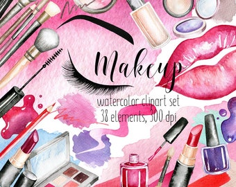 Makeup Cosmetics Clipart,Watercolor Makeup clipart,Fashion clipart,Beauty Clipart,Eyeshadow,Lipstick,Makup Artist Logo,Planner Girl Clipart