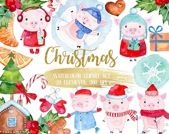 Christmas clipart,Watercolor Christmas clipart,Christmas Piggy,Symbol of 2019 Year,Cute Pig,Farm animals,Christmas animals,Winter Watercolor