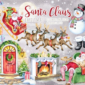 Santa Claus Watercolor Clipart set, Santa Claus  Sleigh, Rudolf the Red Nose Reindeer, Santa Claus Reindeers, Merry Christmas clipart