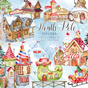 Case di Natale Clipart, Villaggio di Natale, Villaggio di Babbo Natale, Negozio di giocattoli, Clipart festivo, Villaggio del Polo Nord, Villaggio degli elfi, Uomo di pan di zenzero