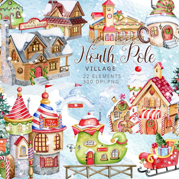 Maisons de Noël Clipart, Village de Noël, Village du Père Noël, Magasin de jouets, Clipart festif, Village du pôle Nord, Village des Elfes, Homme en pain d’épice