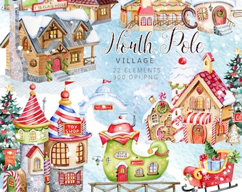 Christmas Houses Clipart, Christmas Village, Santa's Village, Toy Shop, Festive clipart, North Pole village, Elf's village, Gingerbread man