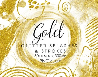 Gold Glitter Splashes and Strokes, Gold Splatter Clipart, Gold Shapes and backgrounds, Blobs, Brush strokes clipart, Glitter Design Elements