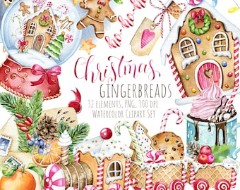 Watercolor Christmas Gingerbreads clipart ,Christmas sweets,Christmas cookies,Christmas clipart,Vintage Christmas clipart, Christmas Cards