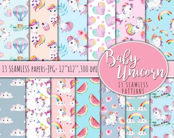 13 Seamless Watercolor Unicorn Patterns,Seamless digital papers,Baby Unicorns, Birthday Unicorns Patterns,Baby Girl Papers,Baby Girl Clipart