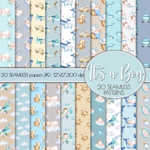 It's a Boy Watercolor seamless patterns,Baby Boy seamless digital patterns, Baby Shower Patterns, Newborn boy seamless patterns,Scrapbooking