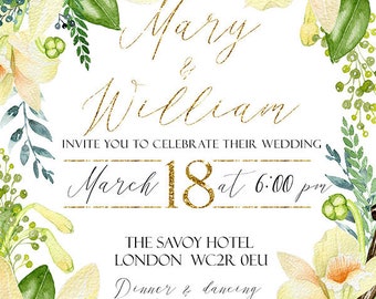 White flowers wedding invitation,Yellow flowers wedding invitation,Vanilla flowers,Wedding invitation,White & yellow wedding,Yellow wedding