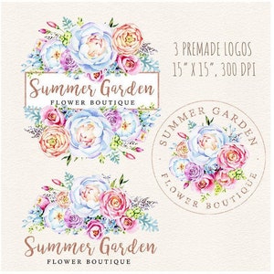 Watercolor Peony Logo, White and Pink Flowers Logo, Garden Flowers Logo, Floral Boutique Logo, Handmade Goods Logo, Flowers Logo