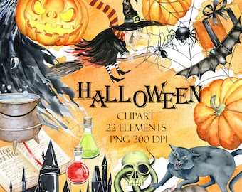 Halloween Watercolor  clipart,Halloween invitation,Halloween decor,Party invitation,Halloween printables,Watercolor Pumpkins