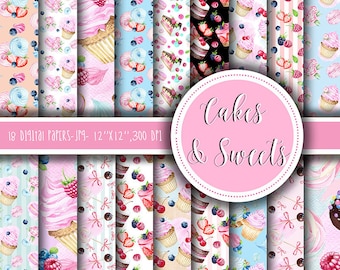 Watercolor Cakes paper,Dessert digital paper,Watercolor cupcake,Candy digital paper,Watercolor sweets,Watercolor berries,Watercolor IceCream